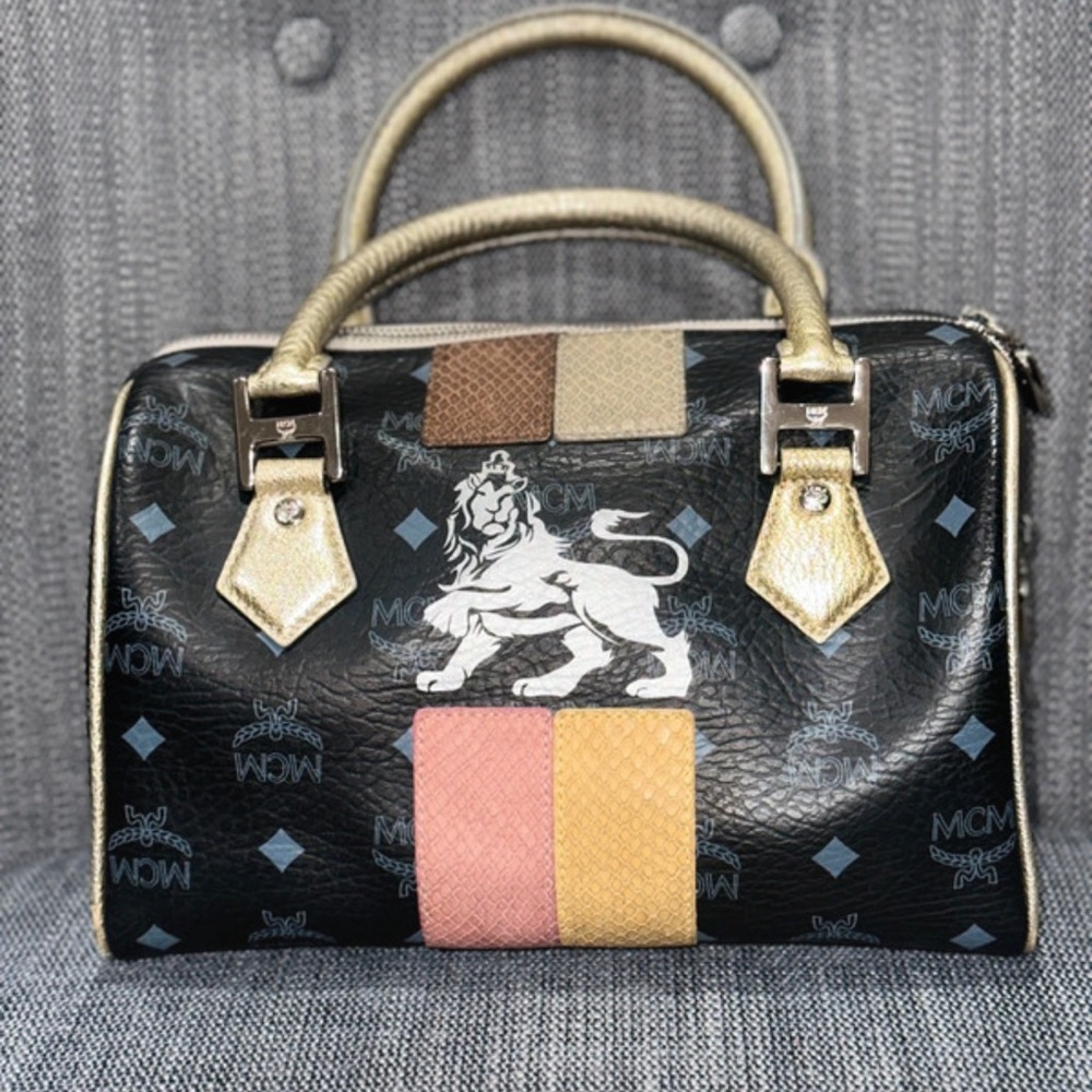 MCM Black Satchel with Pink and Yellow Stripes and Gold Handles